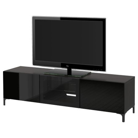 Тумба под ТВ с ящиками и дверцей БЕСТО, черно-коричневый, Сельсвикен глянцевый/черный прозрачное стекло (180x40x48 см)
