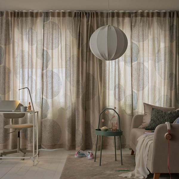 Гардины, 2 шт., бежевый/зеленый/орнамент «точки» 145x300 см IKEA SANDÄNGSFLY САНДЭНГСФЛИ 305.129.66 - фото 2