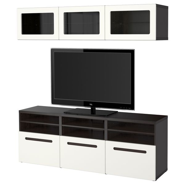 Шкаф для ТВ, комбинированный, стекляные дверцы БЕСТО, черно-коричневый, Марвикен белый прозрачное стекло (180x40x192 см) - фото 1