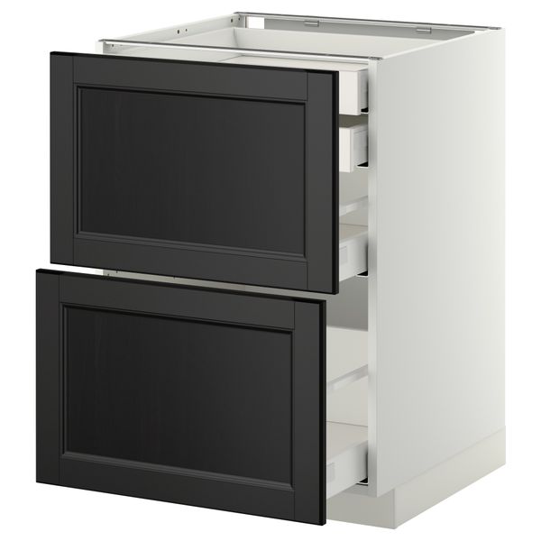 Напольный шкаф 2 фронтальные панели, 2 нижних, 1 средний, 1 высокий ящик МЕТОД / МАКСИМЕРА, белый, Лаксарби черно-коричневый - фото 1