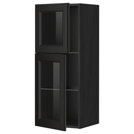 Навесной шкаф с полками, 2 стекло дверцы МЕТОД, черный, Лаксарби черно-коричневый (40x100 см)
