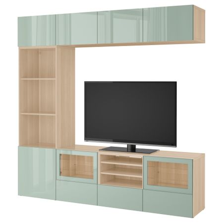 Шкаф для ТВ, комбинированный, стекляные дверцы БЕСТО, под беленый дуб Сельсвикен, глянцевый/серо-зеленый светлый прозрачное