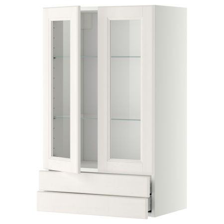 Навесной шкаф, 2 стеклянные дверцы, 2 ящика МЕТОД / МАКСИМЕРА, белый, Лаксарби белый