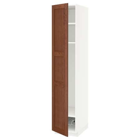 Высокий шкаф с полками, проволочной корзиной МЕТОД, белый, Филипстад коричневый