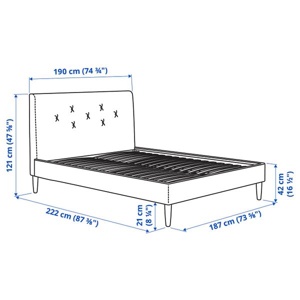 Каркас кровати с обивкой, Гуннаред бледно-розовый 180x200 см IKEA IDANÄS ИДАНЭС 704.589.53 - схема-чертеж с размерами