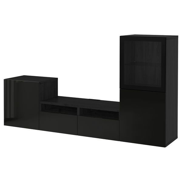 Шкаф для ТВ, комбинированный, стекляные дверцы, 240x40x128 см, черно-коричневый, Selsviken глянцевый, черный прозрачное стекло - фото 1