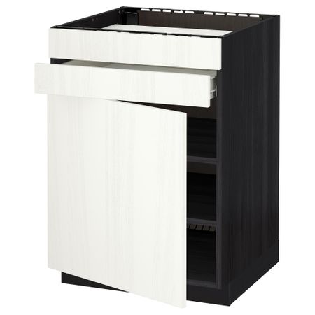 Напольный шкаф для варочной панели, доводчик, 2 фасада, 1 ящик МЕТОД / ФОРВАРА, черный, Росдаль белый (60x60 см)