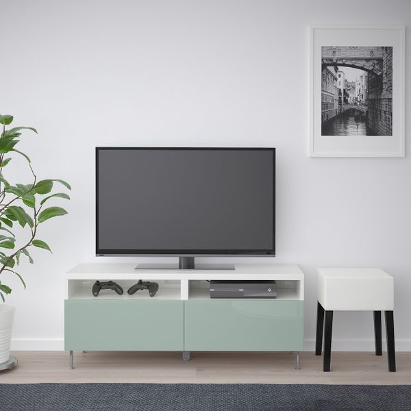 Тумба для ТВ с ящиками, белый, СЕЛЬСВ/СТАЛЛАРП глянцевый/серо-зеленый светлый, 120x40x48 см IKEA БЕСТО 892.672.27 - фото 2