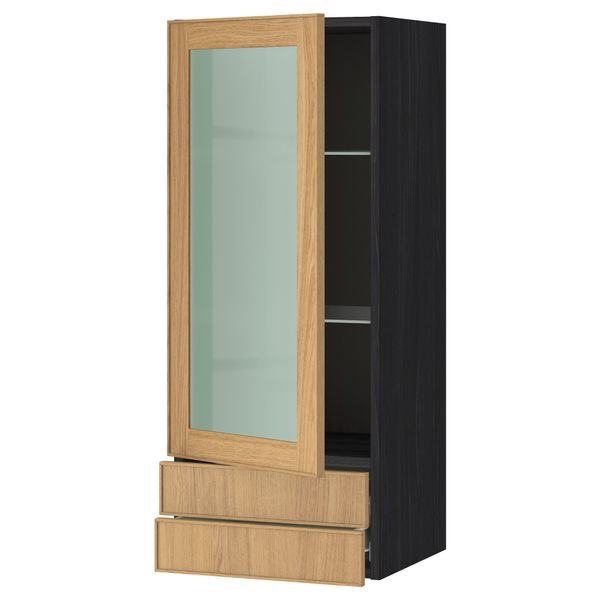 Навесной шкаф, стеклянная дверца, 2 ящика МЕТОД / ФОРВАРА, черный, Экестад дуб - схема-чертеж с размерами