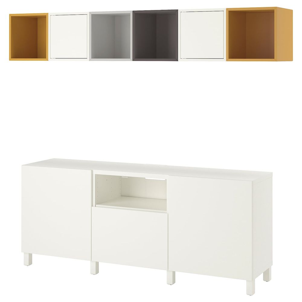 Комбинация для ТВ, белый светло-серый, темно-серый/золотисто-коричневый 210x40x220 см IKEA BESTÅ БЕСТО / EKET ЭКЕТ 994.397.23 - фото 1