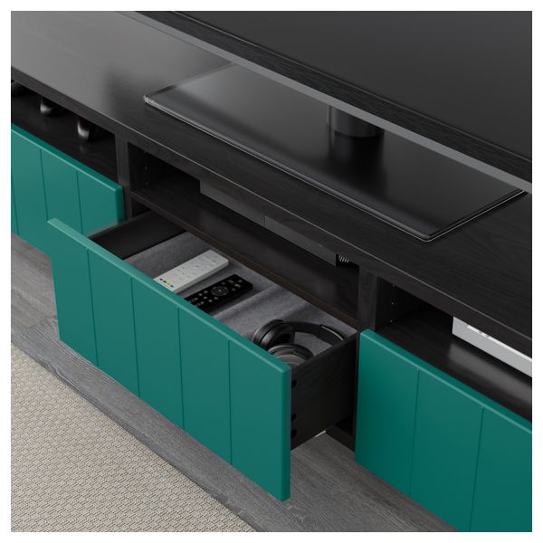 Тумба для ТВ с ящиками БЕСТО, черно-коричневый, Халлставик сине-зеленый (180x40x48 см) - фото 3