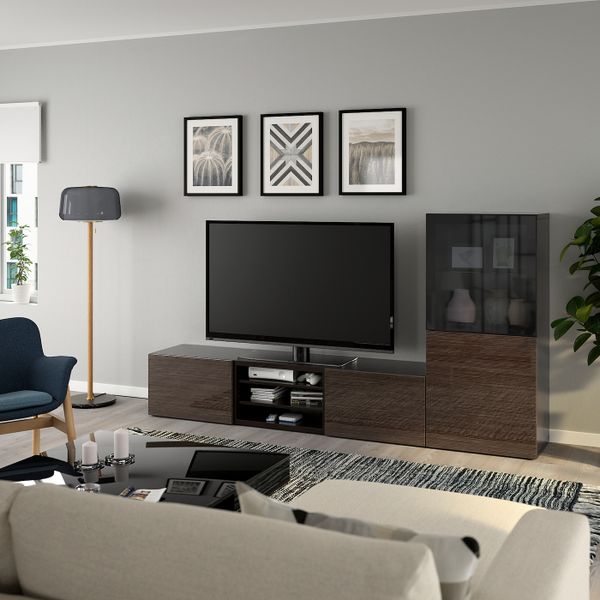 Шкаф для ТВ, комбинированный, стекляные дверцы, черно-коричневый, Сельсвикен глянцевый, коричневый дымчат стекло, 240x40x128 см - фото 2