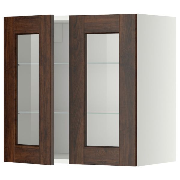 Навесной шкаф/полки/2стеклян двери, белый/Эдсерум коричневый 60x60 см IKEA METOD МЕТОД 394.464.15 - фото 1