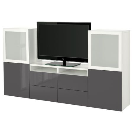 Шкаф для ТВ, комбинированный, стекляные дверцы БЕСТО, белый, Сельсвикен глянцевый/серый матовое стекло (240x40x128 см)