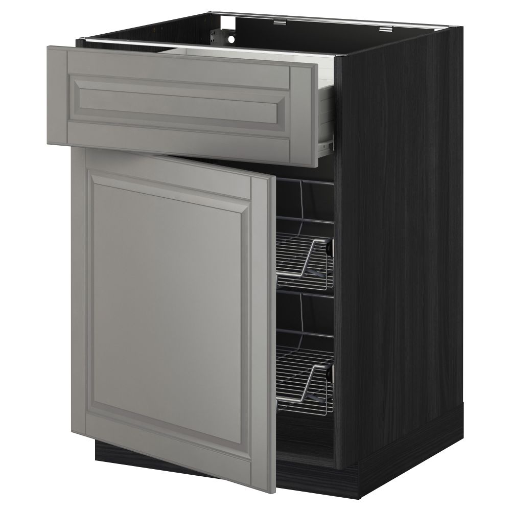 Напольный шкаф с проволочной корзиной, ящиком, дверью МЕТОД / ФОРВАРА, черный, Будбин серый - схема-чертеж с размерами