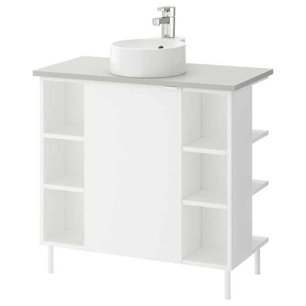 Шкаф под раковину с 1 дверцы, 4 открытыми полк, белый, серый ЭНСЕН смеситель 82x40x87 см IKEA ЛИЛЛОНГЕН/ВИСКАН / ГУТВИКЕН - фото 1