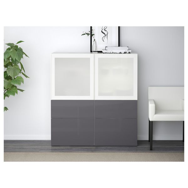 Комбинация для хранения со стеклянными дверцами БЕСТО, белый, Сельсвикен глянцевый/серый матовое стекло (120x40x128 см) - схема-чертеж с размерами