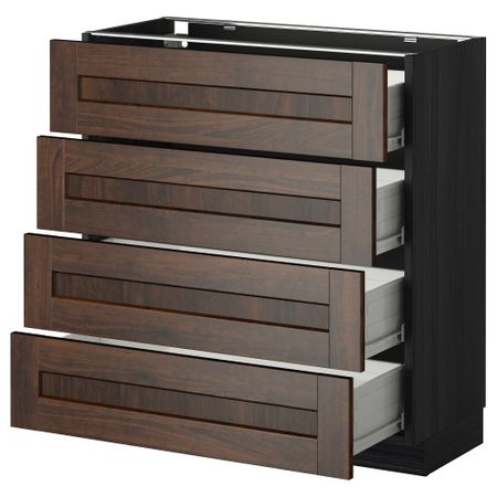 Напольный шкаф 4 фронтальных панели, 4 ящика МЕТОД / ФОРВАРА, черный, Эдсерум коричневый