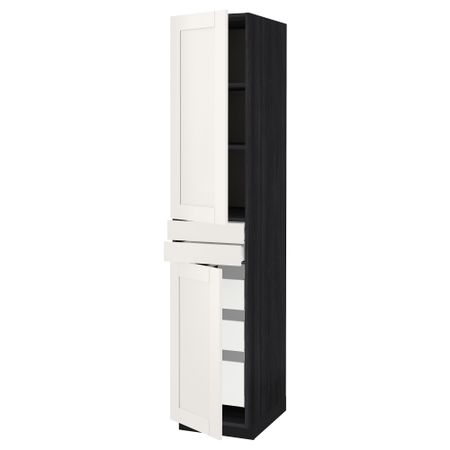 Высокий шкаф + полки, 5 ящиков, 2 дверцы, 2 фронтальных МЕТОД / МАКСИМЕРА, черный, Сэведаль белый
