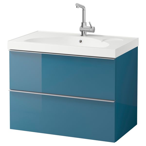 Шкаф для раковины с 2 ящиками ГОДМОРГОН / ЭДЕБОВИКЕН, глянцевый бирюзовый (80x49x64 см) - фото 1