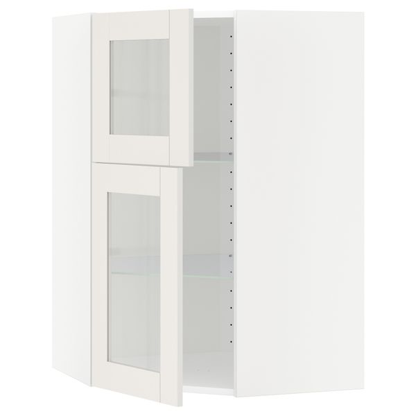 Угловой навесной шкаф + полки, 2 стеклянные дверцы МЕТОД, белый, Сэведаль белый (68x100 см) - схема-чертеж с размерами