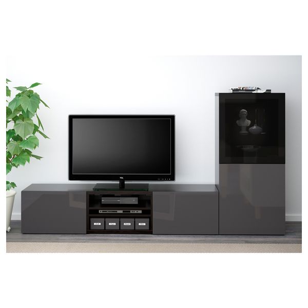 Шкаф для ТВ, комбинированный, стекляные дверцы БЕСТО, черно-коричневый, Сельсвикен глянцевый/серый дымчатое стекло (240x40x128 - фото 2