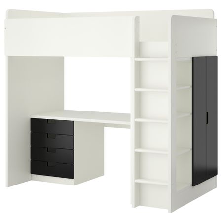 Кровать-чердак, 4 ящика, 2 дверцы СТУВА, белый, черный (207x99x193 см)