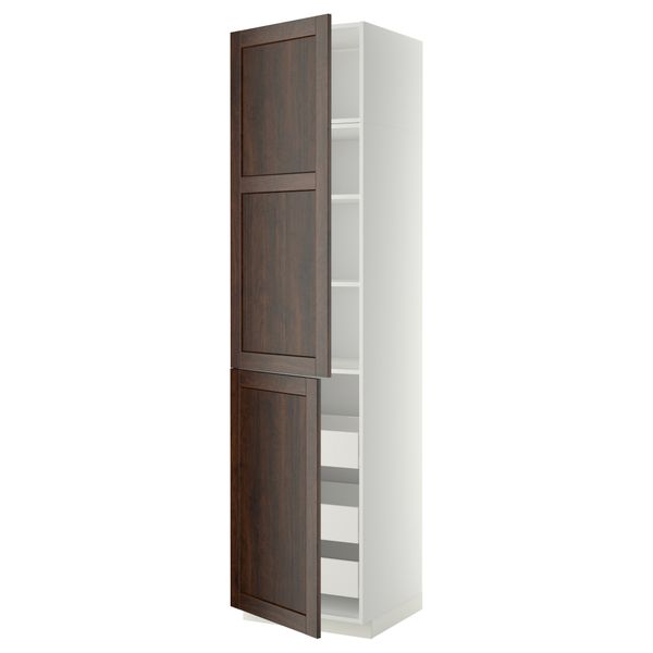 Высокий шкаф + полки, 3 ящика, 2 дверцы МЕТОД / ФОРВАРА, белый, Эдсерум коричневый - фото 1