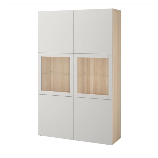 Комбинация для хранения + стеклянная дверц, под беленый дуб, Лаппвикен светло-серый прозрачное стекло, 120x40x192 см IKEA БЕСТО - фото 1