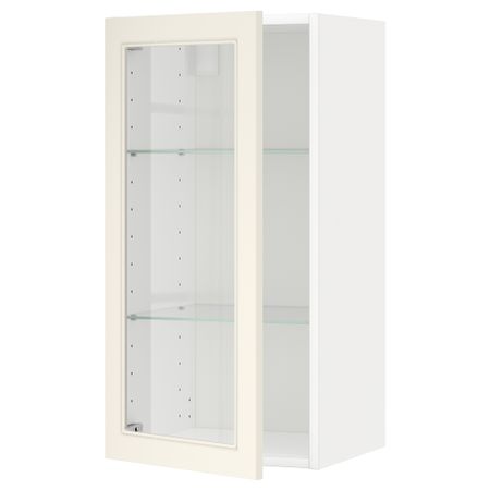 Навесной шкаф с полками, стекляными дверцы МЕТОД, белый, Хитарп белый с оттенком