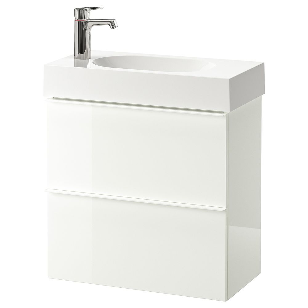 Шкаф для раковины с 2 ящ, глянцевый белый, БРОГРУНД смеситель, 62x33x68 см IKEA ГОДМОРГОН / БРОВИКЕН 892.923.16 - фото 1