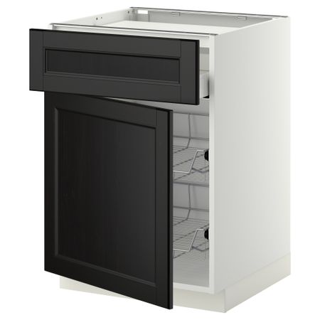 Напольный шкаф для варочной панели, ящик, 2 проволочных корзины МЕТОД / МАКСИМЕРА, белый, Лаксарби черно-коричневый (60x60 см)
