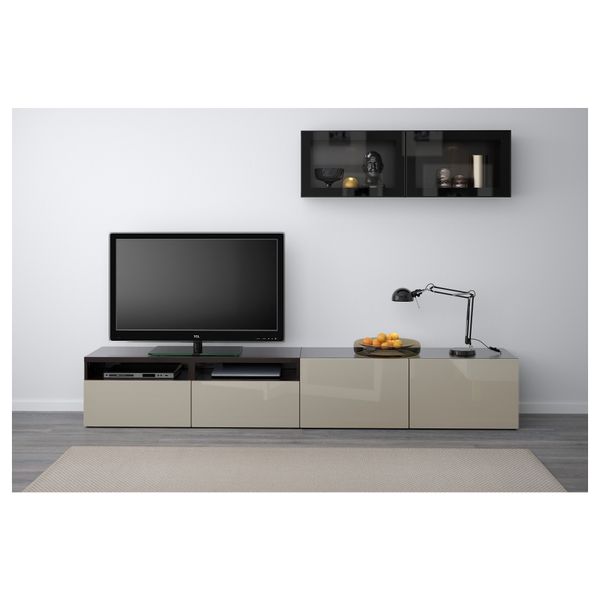 Шкаф для ТВ, комбинированный, стекляные дверцы БЕСТО, черно-коричневый, Сельсвикен глянцевый/бежевый прозрачное стекло - фото 2