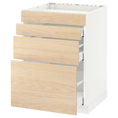 Напольный шкаф для духовки, 4фасада, 3 ящика МЕТОД / МАКСИМЕРА, белый, Аскерсунд ясень под светлый ясень