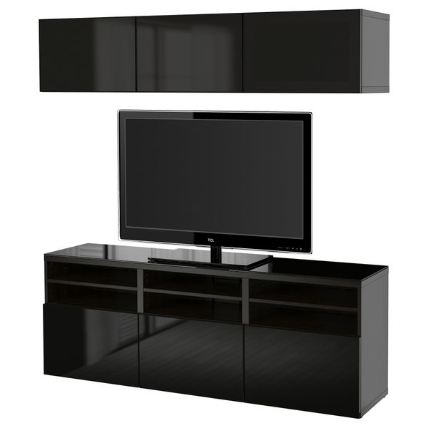 Шкаф для ТВ, комбинированный, стекляные дверцы БЕСТО, черно-коричневый, Сельсвикен глянцевый/черный дымчатое стекло (180x40x192 - фото 1