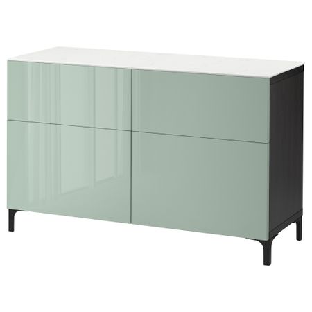 Комбинация для хранения с дверцами, ящиками БЕСТО, черно-коричневый, Сельсвикен глянцевый/серо-зеленый светлый (120x42x74 см)