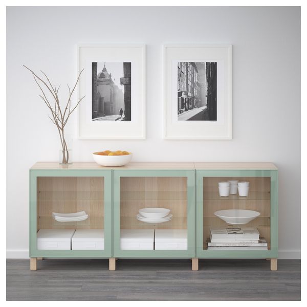 Комбинация для хранения с дверцами БЕСТО, под беленый дуб Глассвик, глянцевый/серо-зеленый светлый прозрачное стекло (180x40x74 - схема-чертеж с размерами