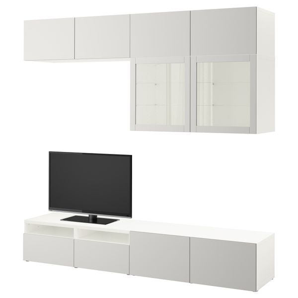 Шкаф для ТВ, комбинированный, стекляные дверцы БЕСТО, белый Лаппвикен, Синдвик светло-серый прозрачное стекло (240x40x230 см) - фото 1