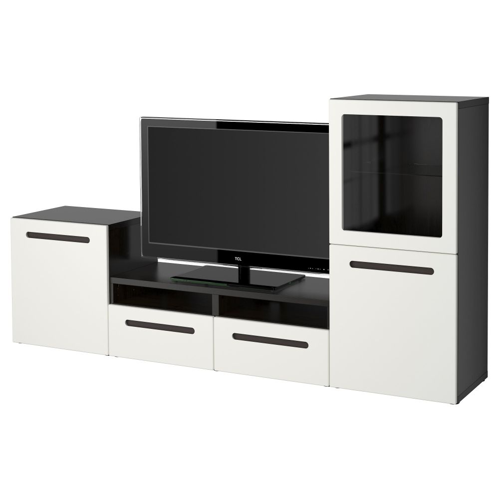 Шкаф для ТВ, комбинированный, стекляные дверцы БЕСТО, черно-коричневый, Марвикен белый прозрачное стекло (240x40x128 см) - фото 1