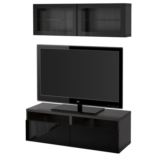 Шкаф для ТВ, комбинированный, стекляные дверцы БЕСТО, черно-коричневый, Сельсвикен глянцевый/черный прозрачное стекло - фото 1