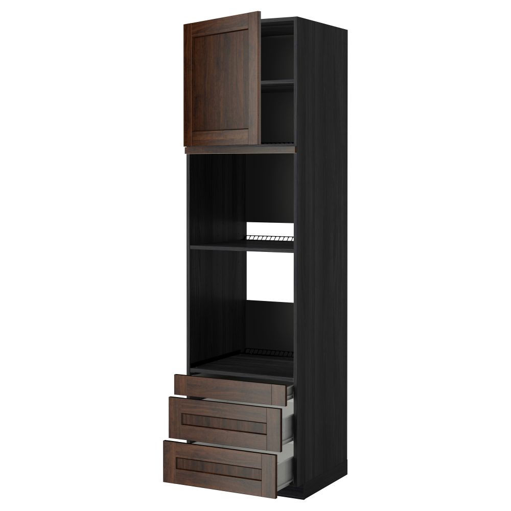 Высокий шкаф для духовки комбинированный, духовка + дверца, 3 ящика МЕТОД / ФОРВАРА, черный, Эдсерум коричневый - фото 1