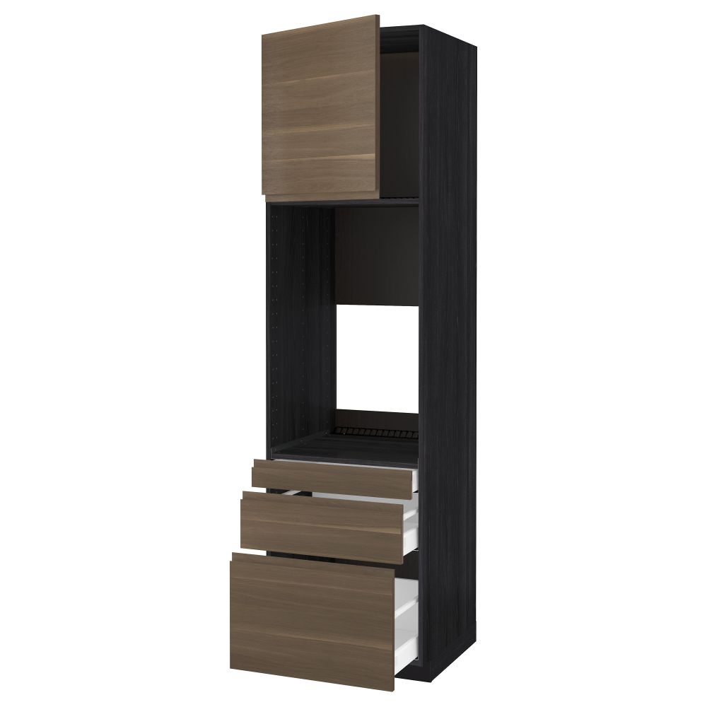 Высокий шкаф для двойной духовки, 3 ящика, дверца МЕТОД / МАКСИМЕРА, черный, Воксторп грецкий орех - схема-чертеж с размерами