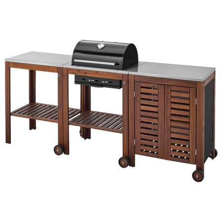 Угольный гриль + тележка, модуль для/хран, коричневая морилка, цвет нержавеющей стали IKEA ЭПЛАРО / КЛАСЕН 092.289.80