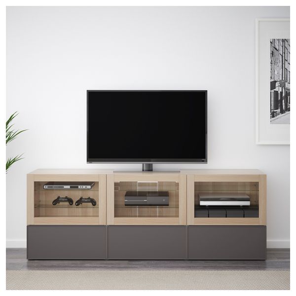 Тумба под ТВ, с дверцами и ящиками БЕСТО, под беленый дуб Грундсвикен, темно-серый прозрачное стекло (180x40x64 см) - фото 3