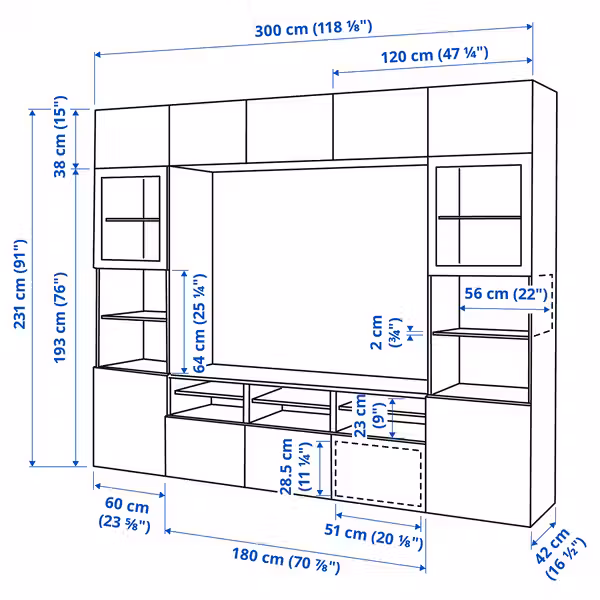 BESTÅ Шкаф для ТВ, комбин/стеклян дверцы - схема-чертеж с размерами