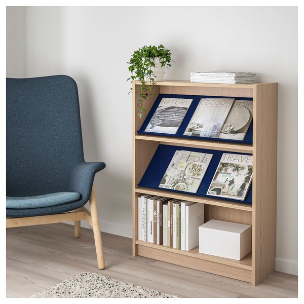 Стеллаж с наклонной полкой БИЛЛИ / БОТТНА, дубовый шпон, беленый, синий (80x28x106 см) - фото 2