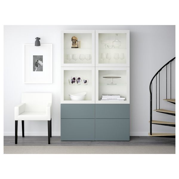 Комбинация для хранения со стеклянными дверцами БЕСТО, белый, Вальвикен серо-бирюзовый, прозрачное стекло (120x40x192 см) - схема-чертеж с размерами