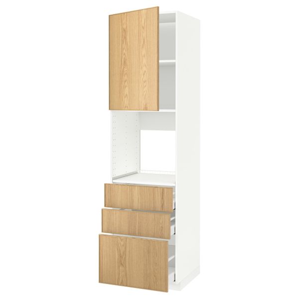 Высокий шкаф для духовки/дверь/3ящика, белый/Экестад дуб 60x60x220 см IKEA METOD МЕТОД / MAXIMERA МАКСИМЕРА 192.371.54 - схема-чертеж с размерами