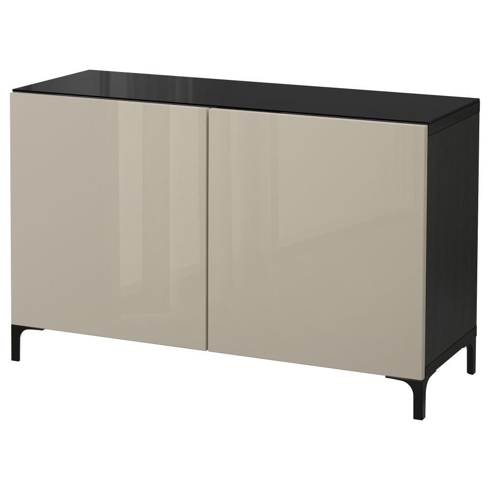 Комбинация для хранения с дверцами БЕСТО, черно-коричневый, Сельсвикен глянцевый/бежевый (120x40x74 см) - фото 1