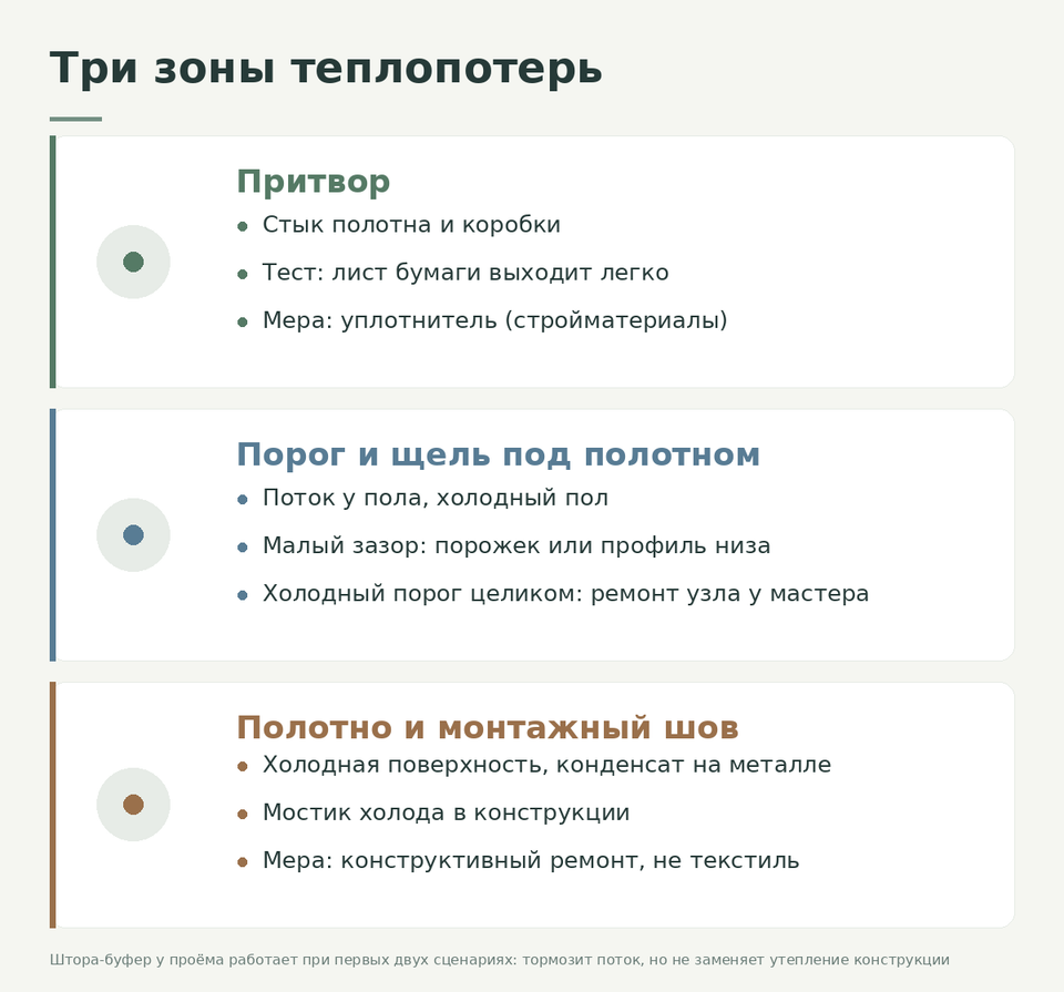 Схема трёх зон теплопотерь входной двери: притвор, порог, полотно и монтажный шов